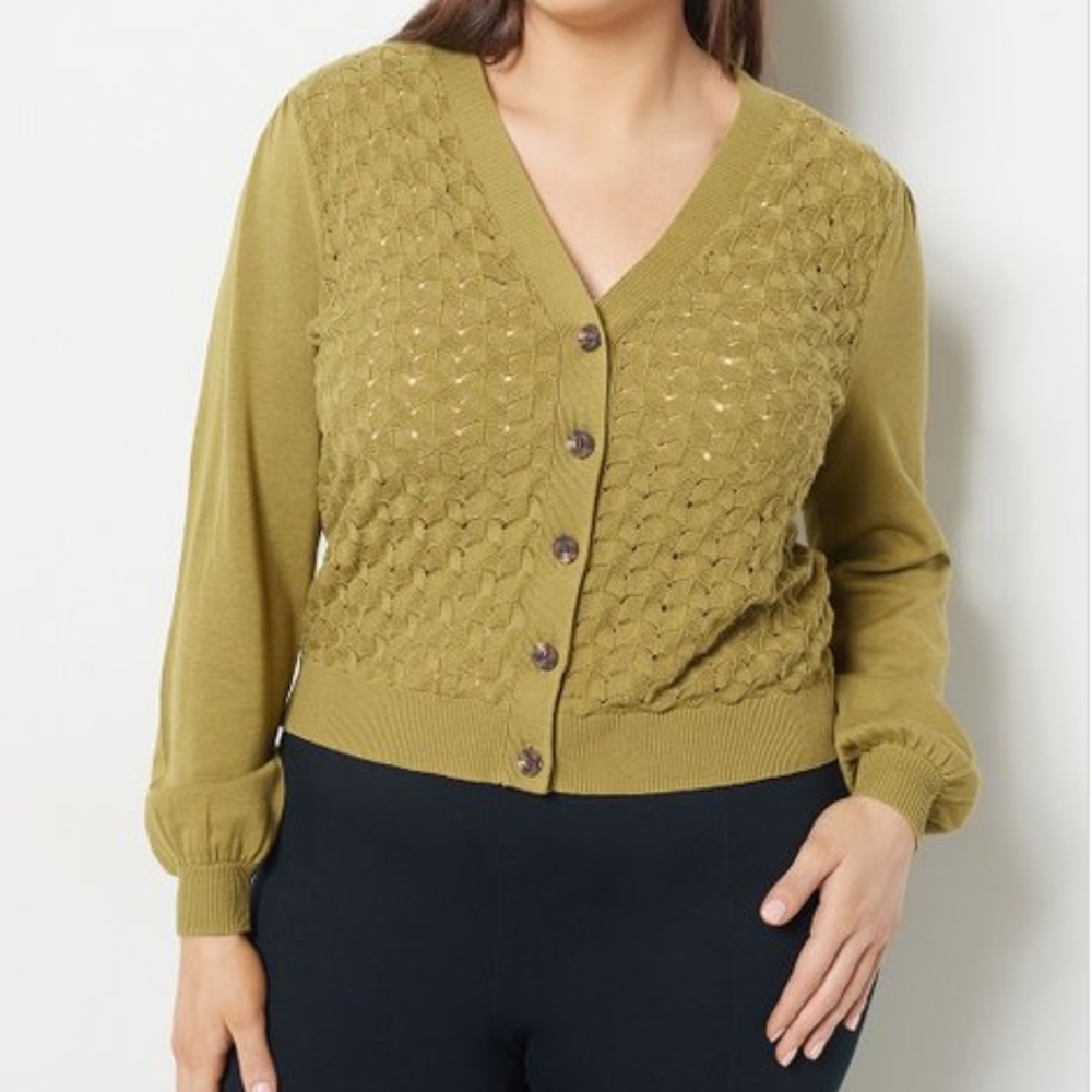 J Jason Wu Pointelle V-Neck‎ Button-Up Cardigan Size 4X Light Olive Green